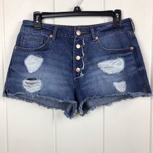 Forever 21 Distressed Destroyed Denim Jean Shorts High Rise Exposed Button Fly